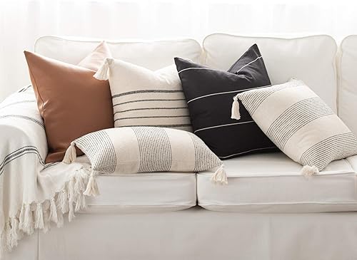 Miniatura 6 de Hofdeco Funda de almohada decorativa moderna estilo bohemio marroquí solo para sofá, sofá o cama, borlas a rayas negritas y grises, 20 x 20 pulgadas