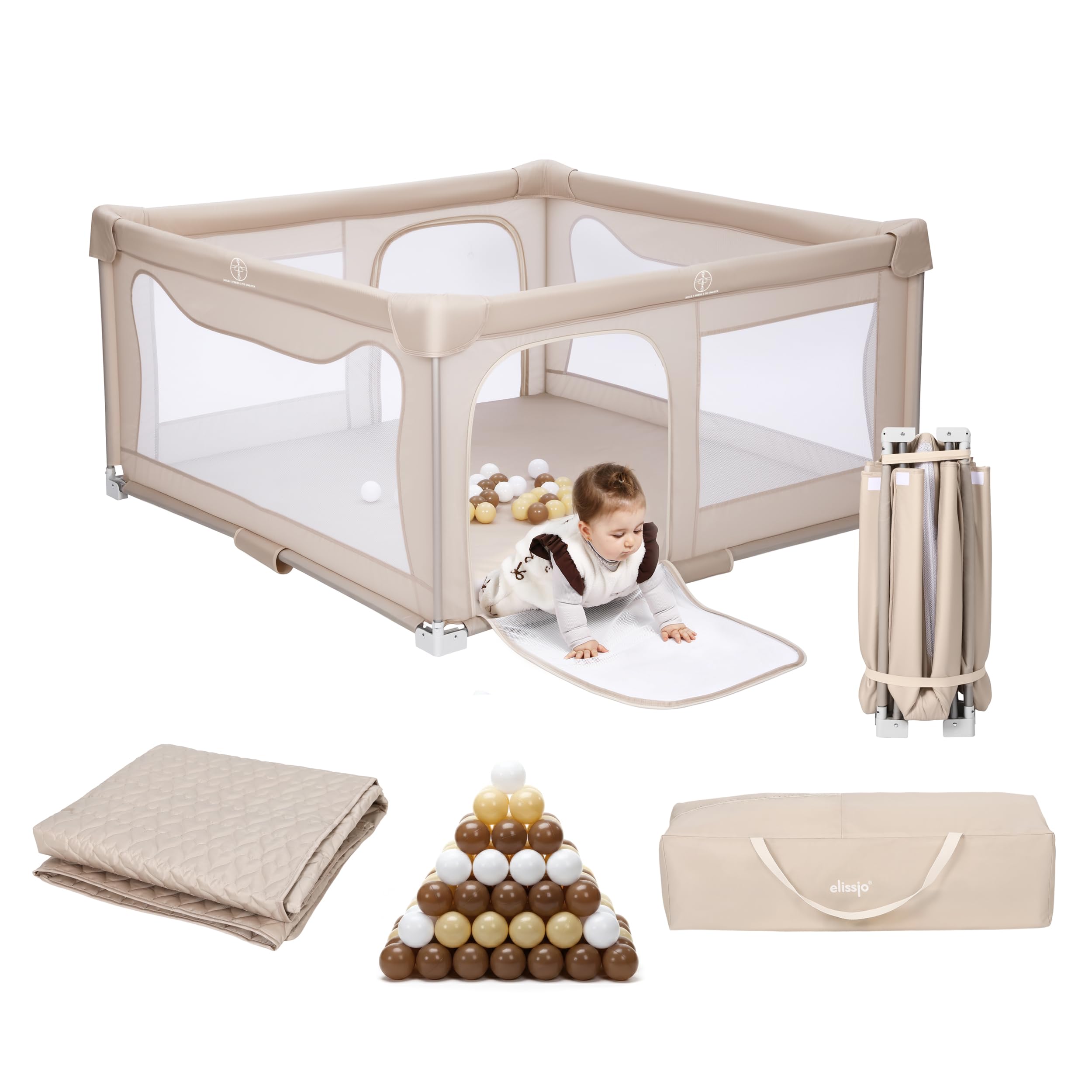 Bodenlaufstall Baby – Faltbarer Laufstall mit taupefarbener Spielmatte & 50 Bällen – Krabbelgitter – Baby Laufgitter – Playpen für Babys – 150 x 150 x 76,5 cm – Beige