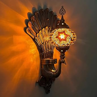 Turkish Mosaic Sconce Wall Lamp Bohemian Lantern Wall Lights Peacock Base Moroccan Handmade Brown Cafe Color Bedside Lamp for Living Room Bedroom Hallway
