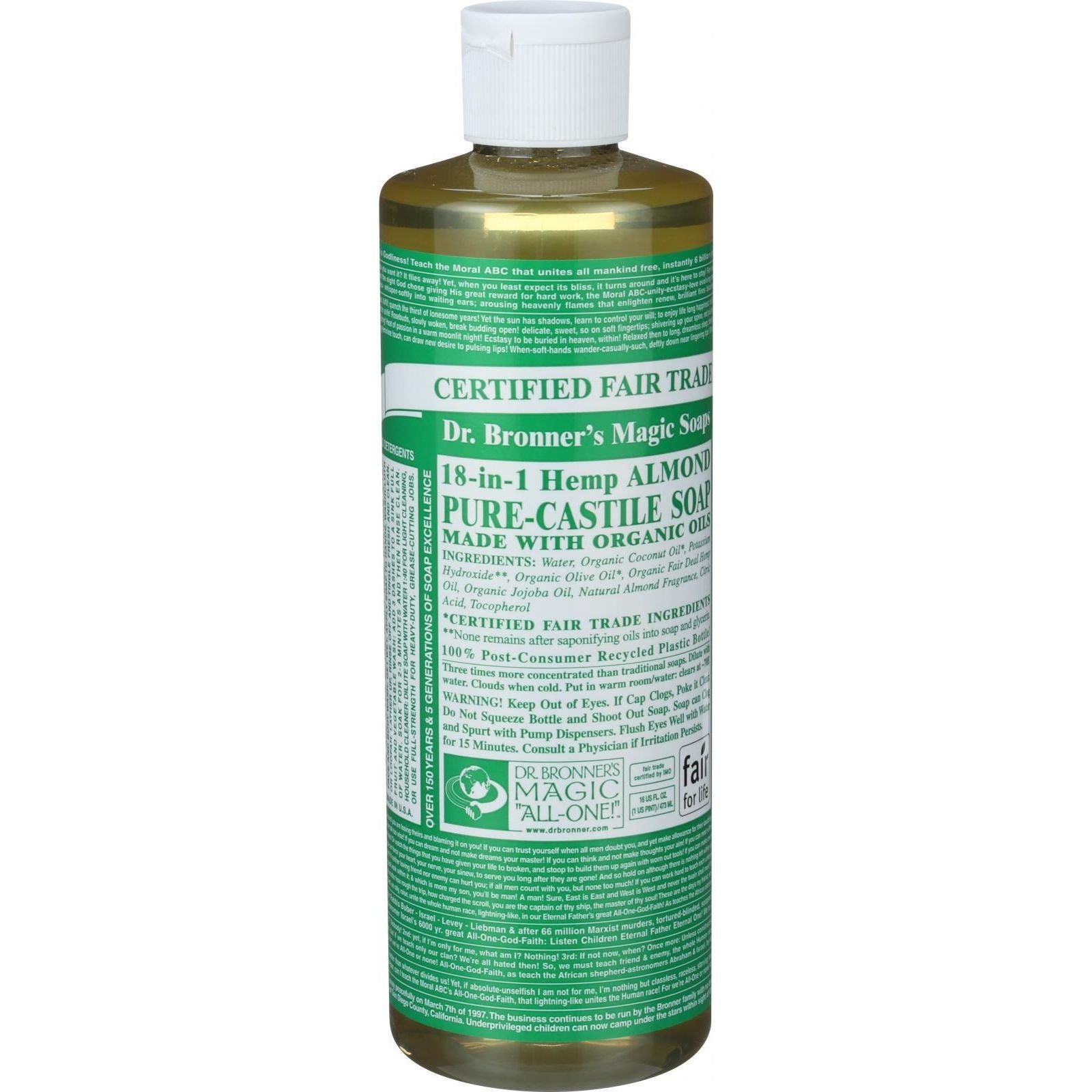 Dr. Bronner'S Pure Castile Soap - Fair Trade And Organic - Liquid - 18 In 1 Hemp - Almond - 16 Oz
