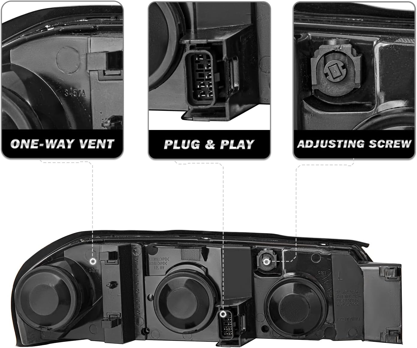 SOCKIR Headlight Assembly with Bulbs Included Compatible with 2000-2005 Chevy Impala, Black Housing & Amber Reflector