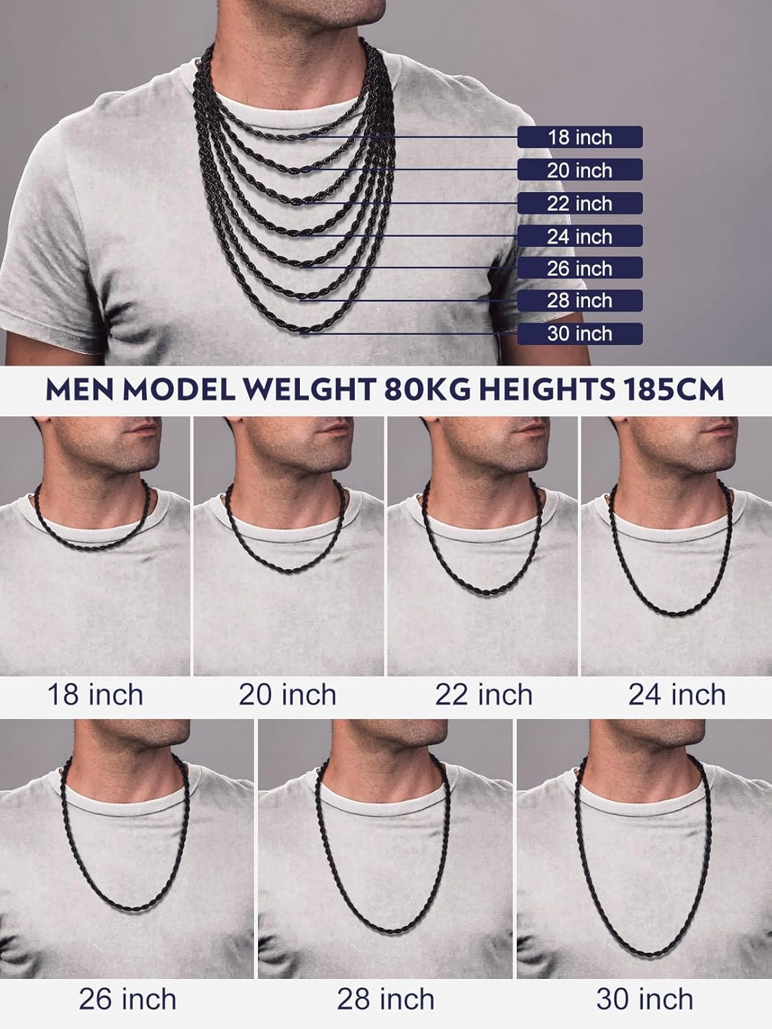 Bandmax Solid 1.5mm/2mm/3mm/6mm Rope Chains for Men Women 14K Gold Plated/Black Plated Stainless Steel Twist Chain 16-30 Inches, with Gift Box