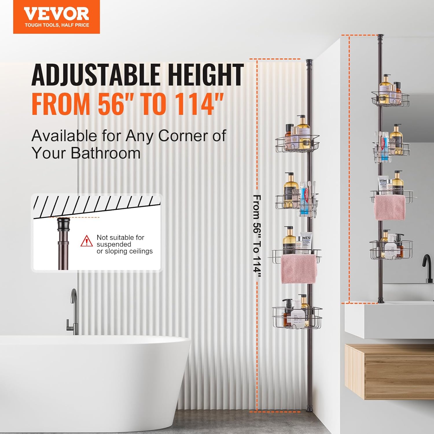 VEVOR Corner Shower Caddy Tension Pole, 4 Tier Adjustable Rustproof Organizer Shelves for Bathroom & Washroom, 42-114inch High, Bronze