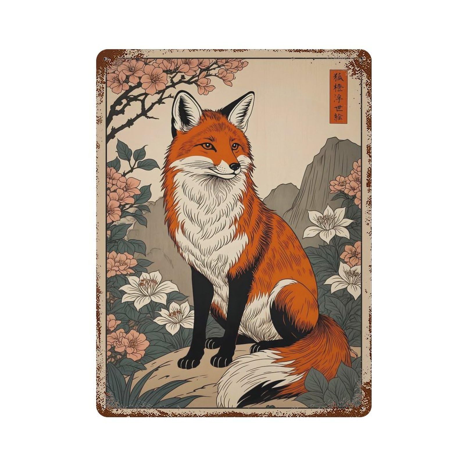 Japanese Art Kitsune 15.7"x11.8" Aged Metal Wall Plaque, Novelty Wall Decor for Garage, Bar And Workshop Decor