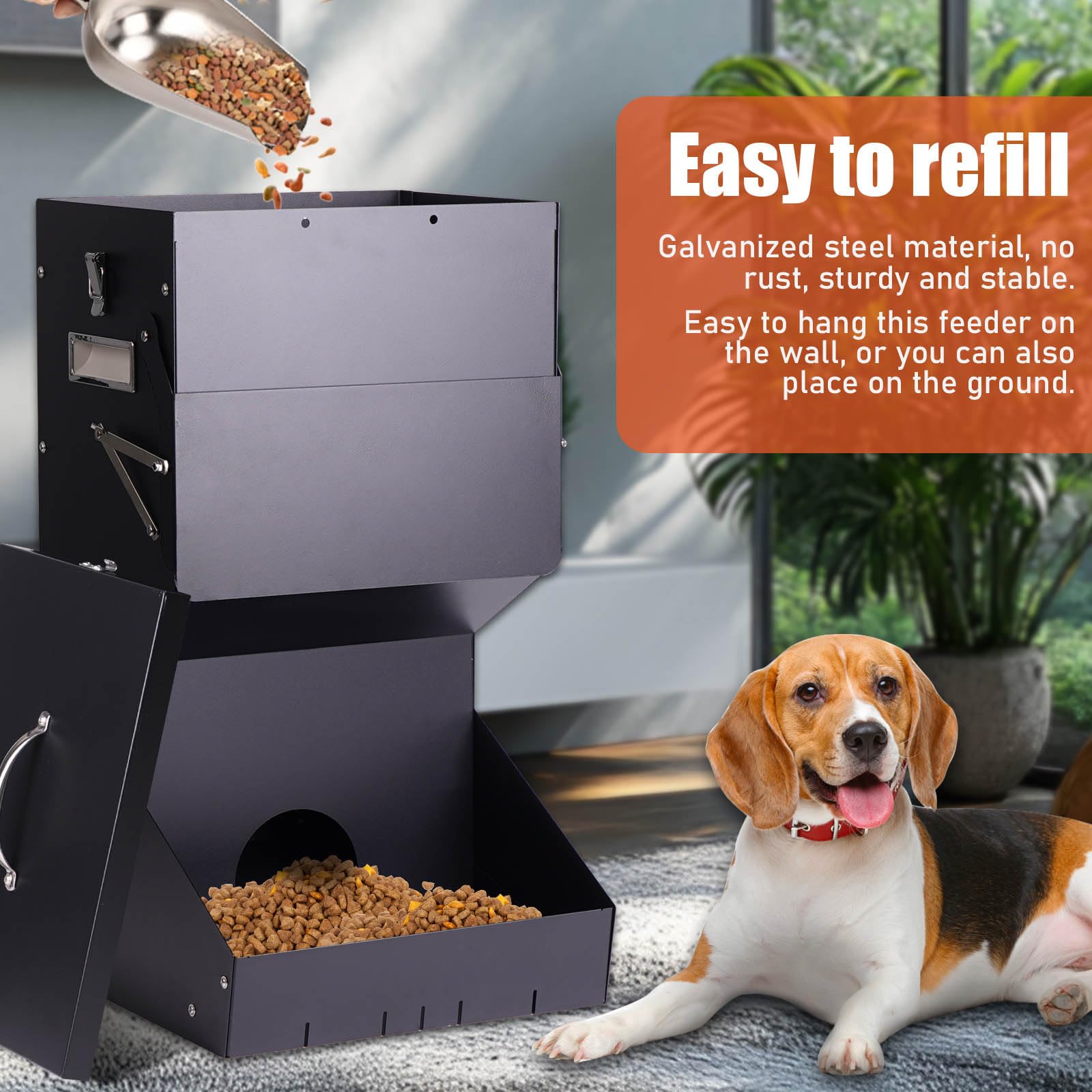 Comedero automático para perros de raza grande, 25 libras | Dispensador de comida para perros de metal galvanizado para perros, pollos y animales de granja