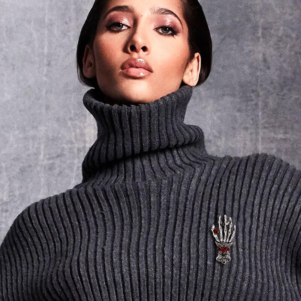 Vintage Skeleton Hand Lapel Brooch Pin for Women Men Girls Rhinestone Red Crystal Skull Halloween Pins Clip Sweater Dress Suit Backpack Brooches Pins Punk Festive Party Jewelry Gifts Clothes - Image 3