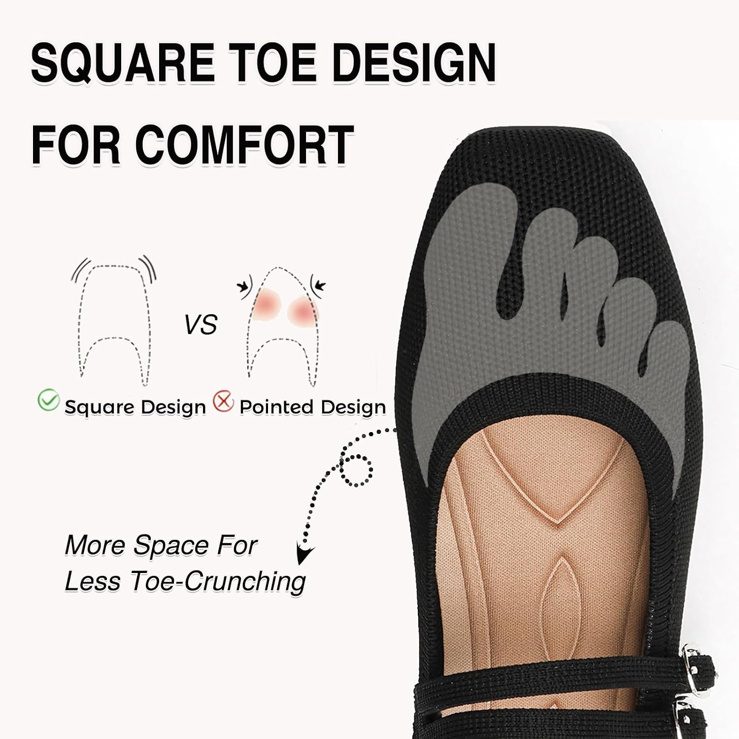 Women's Flats Square Toe Knit Mary Jane Ballet Shoes Soft Foldable Buckle Strap Women Shoe Comfortable Dressy Slip On Flat for Casual Office Work