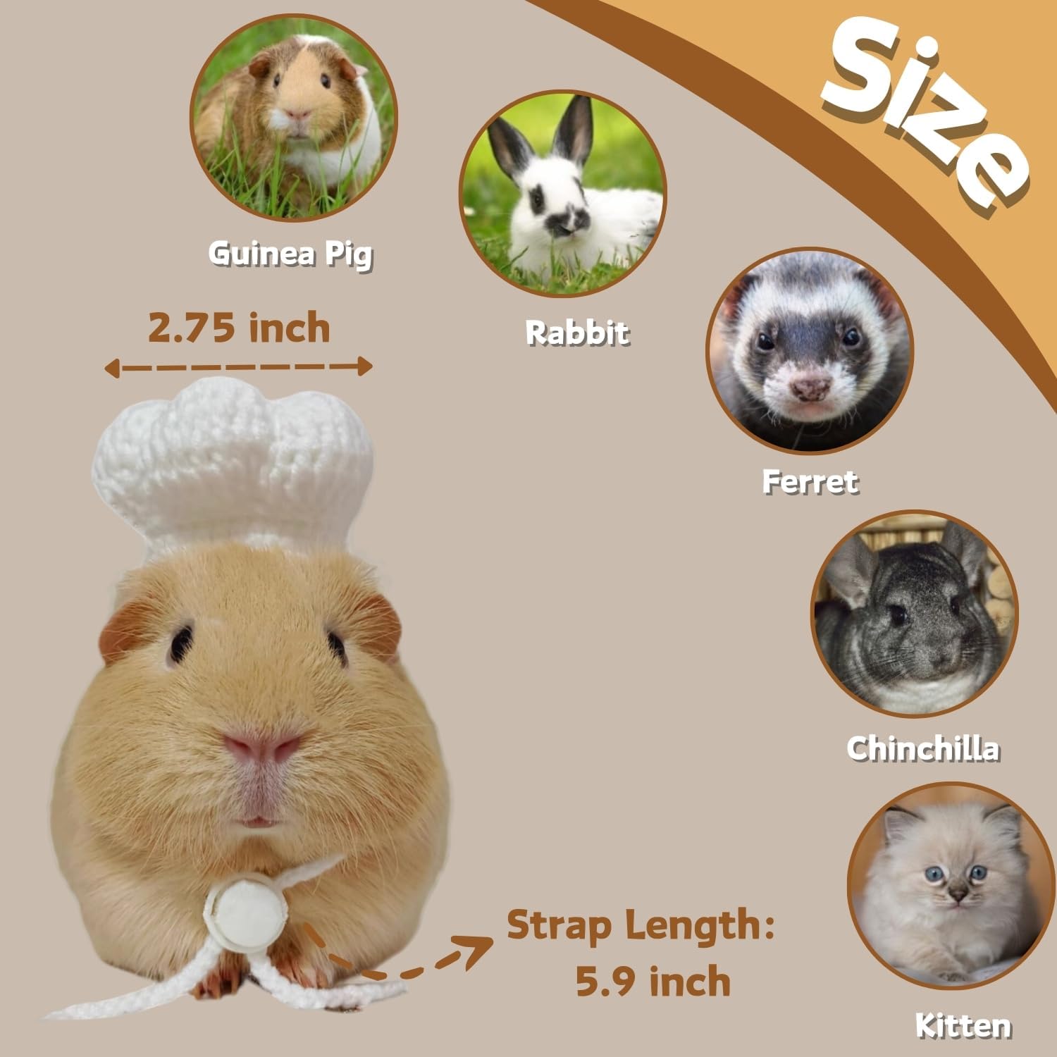 Guinea Pig Chef Hat - Hand Knitted Small Animal Cooking Chef Cap with Adjustable Strap Halloween Costume Outfit Prop Clothes Accessories for Rabbit Bunny Chinchilla Kitten Puppy (Medium)