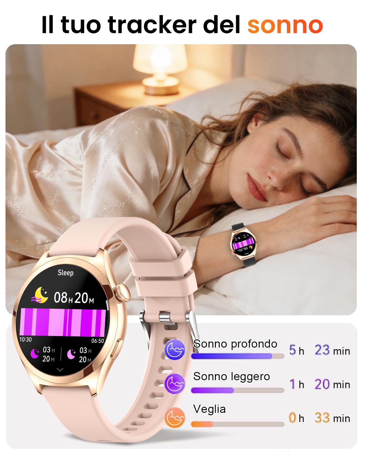 Smartwatch Donna Rotondo con Chiamate, Display Curvo HD da 1,27", Monitor Frequenza Cardiaca SpO2 Sonno, 120+ Modalità Sport, Impermeabile IP68, Smart Watch Donna per Android iOS (Nero oro)