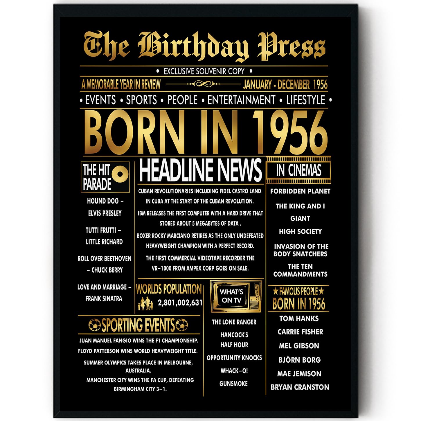 Stuff4 Men's 1956 Gold 70Th Birthday Poster Framed - Golden Born In Newspaper - Happy 70 Birthday For Wo Retro Vintage Gifts Back In 8X10 Inch Bday Party Decor Decoration