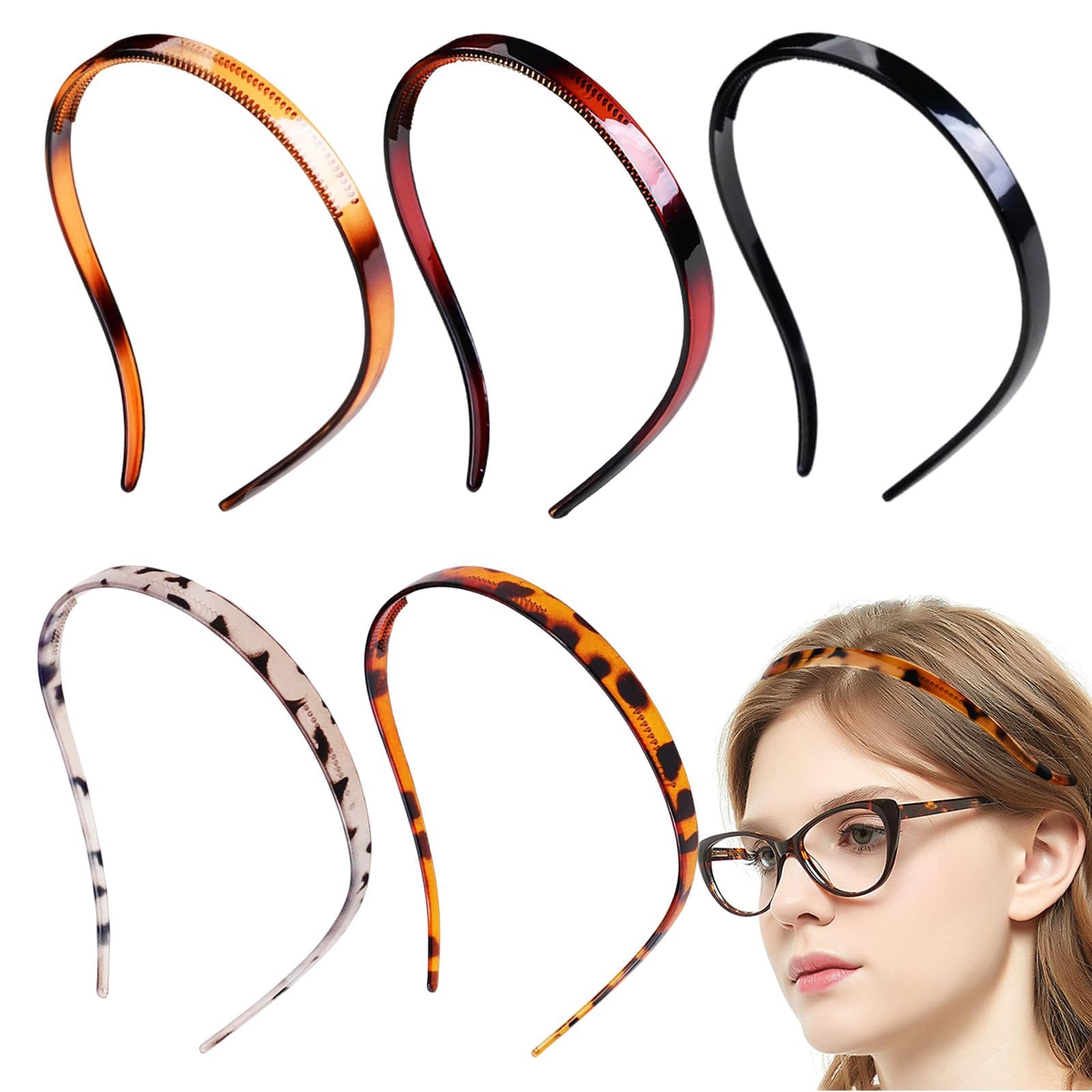 5 Pcs Flex No Headache Plastic Headbands for Glasses Wearers No Pressure Sunglasses Hair Bands No Slip Teeth Comb Skinny Hair Loop for Women Girls(
