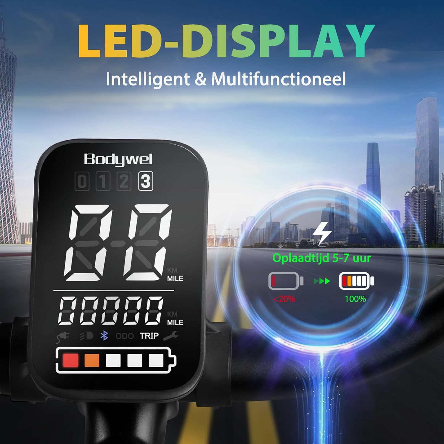Bodywel A275 LED Display showing battery, speed, and assist level