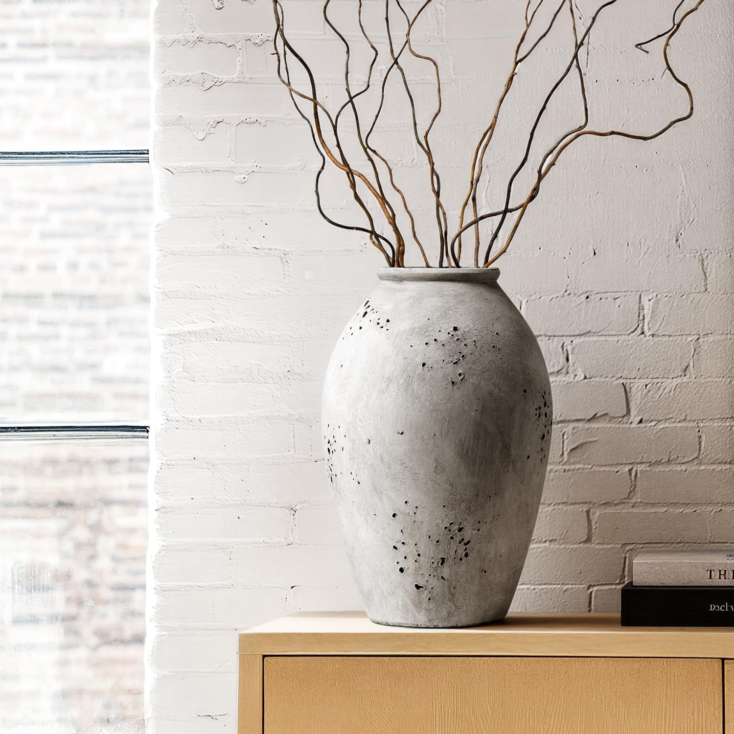 LE TAUCI Ceramic Vase, 11.5 Inch Large Rustic Farmhouse Vase, Tall Vase for Home Decor, Living Room Table & Mantel Centerpiece, Watertight & Sturdy, Matte Sandy Beige White