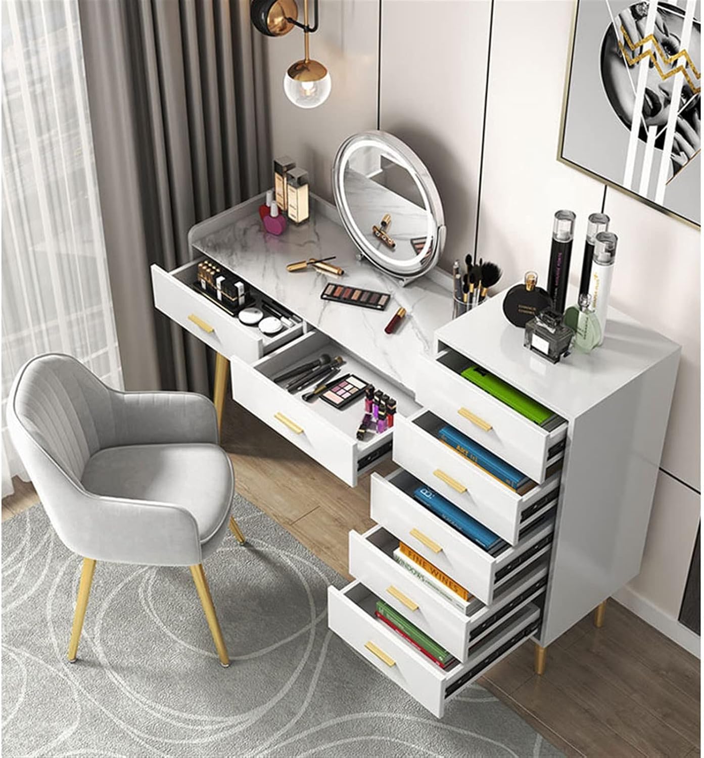 Vanity Dressing Table Set Luxury Makeup Bench with 3 Colors Led Hd Mirror,Comfortable Stool Drawers Cabinet,Modern Simple Style,for Girl's Gift (Size : 80CM) ()