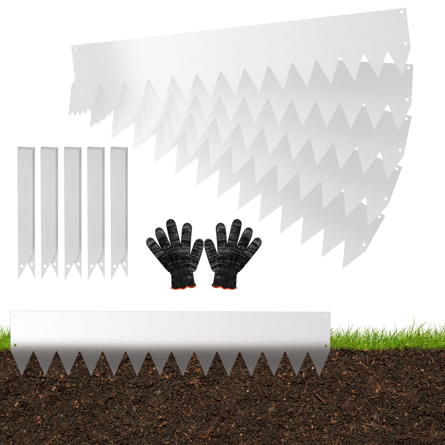Hebitod Landscape Edging, 50 pack 100x20cm Lawn Edging Hammer-in Edging Border, Flexible Decorative Steel Edging Sharp saw teeth with Clips and Gloves, Silver (50M Length Total, High 20cm)
