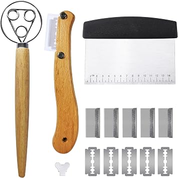 Bread Making Tool Set,Dough Scraper and Bread Scoring Tool for Making Beautiful Bread Tools-Dough Whisk,Dough Scrapers, Bread Lame with 10 Blades Included Replacement Black