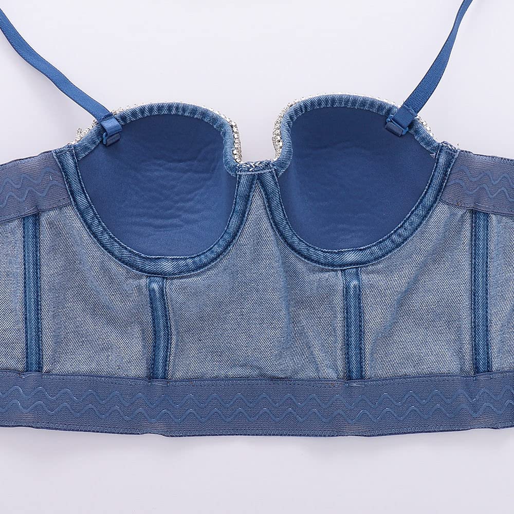Corpetto Donna,Donna Denim Push Up Bustini Corsetto Glam Diamante Nappa Crop Top Estate Canotta Jean In Difficoltà Spaghatti Straps Bustier Corsetto Top Reggiseno Clubwear Party Corsetto Y2K, S 34B
