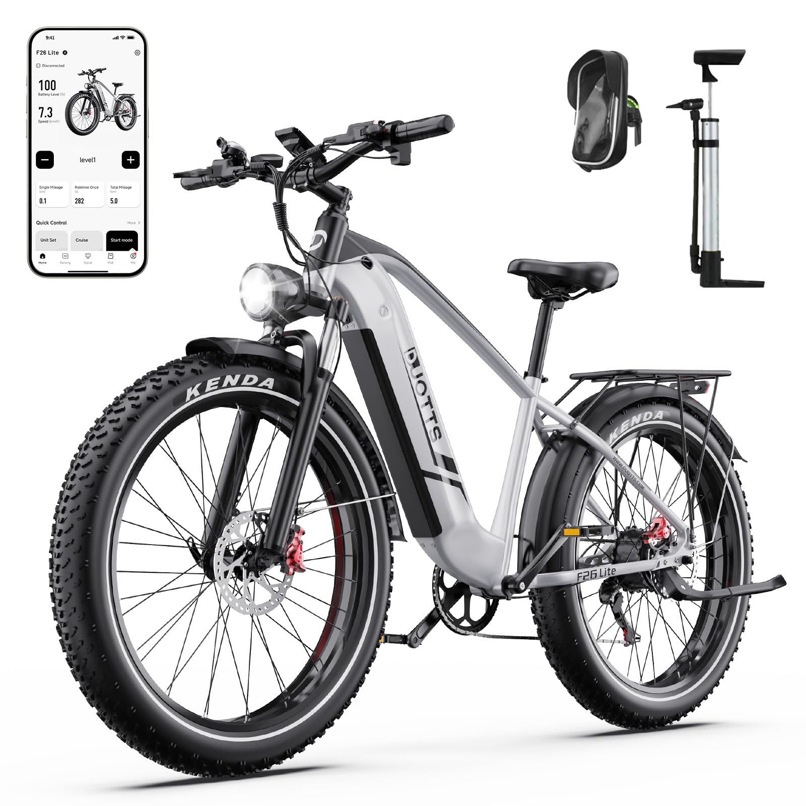 F26 Lite Vélo Électrique Adulte, 26 x 4,0 Pouces Fat VTT Électrique, Ebike 250W Batterie 48V 18Ah Autonomie Jusqu'à 140 Km, Double Frein Hydraulique, 7 Vitesses & Suspension Double