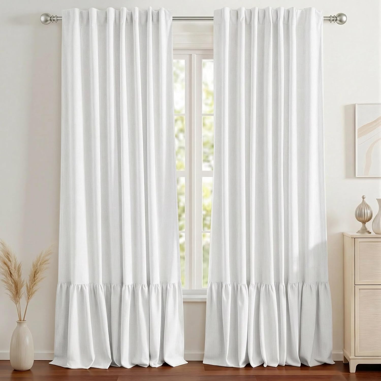 Ruffle Double Layer Blackout Curtains 84 Inches, Farmhouse Thermal Insulated Drapes with White Liner, Back Tab Panels for Bedroom Living Room Light Sleepers, 2 Panels White (52" W x 84" L)
