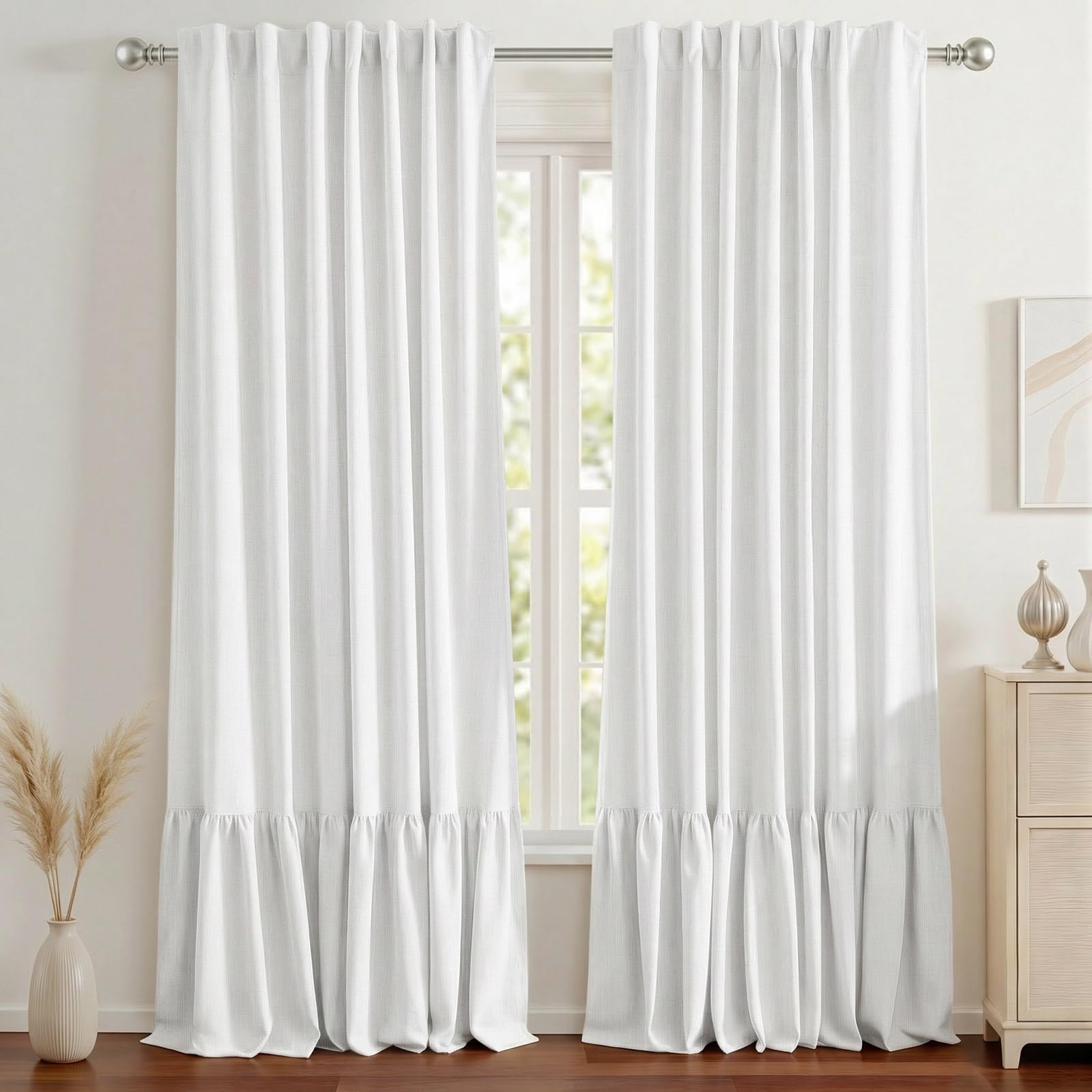 Photo 1 of LuxeNook Ruffle Double Layer Blackout Curtains 84 Inches, Farmhouse Thermal Insulated Drapes with White Liner, Back Tab Panels for Bedroom Living Room Light Sleepers, 2 Panels White (52" W x 84" L)