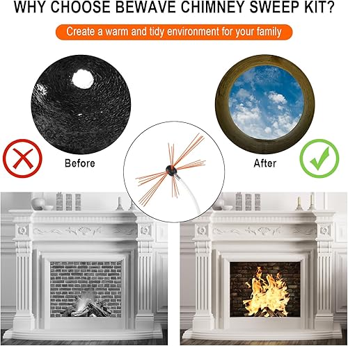 Miniatura 5 de BEWAVE Kit de limpieza de chimenea de 20 pies con varillas flexibles de nailon, taladro rotativo para limpieza de chimeneas, 6 varillas
