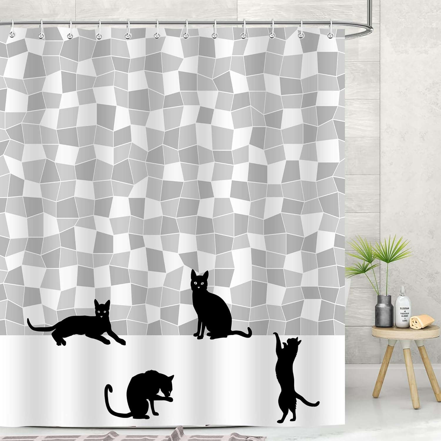 Emwnodti Funny Cat Shower Curtain Set, Cute Black Cat Gray
