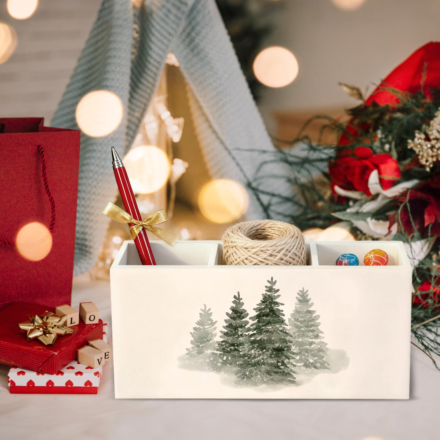 Portapenne organizer per scrivania, albero di Natale, foresta invernale, albero di pino paesaggio, decorazioni natalizie, decorazione per ufficio per casa, camera da letto, soggiorno