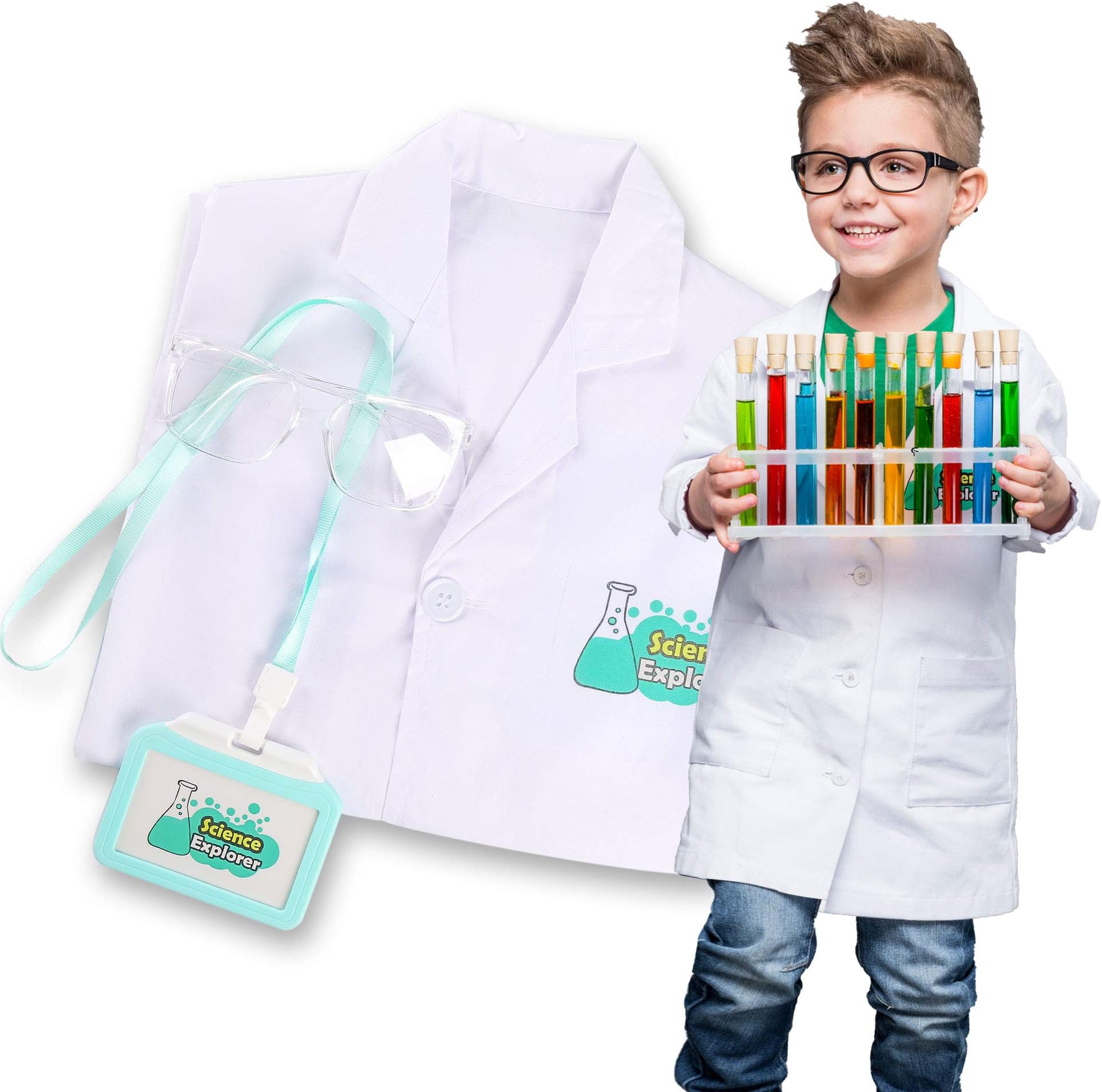 Lab Coat for Kids Scientist Costume with Goggle and Personalized ID Card for Science Projects and Experiments (5-8 Years)