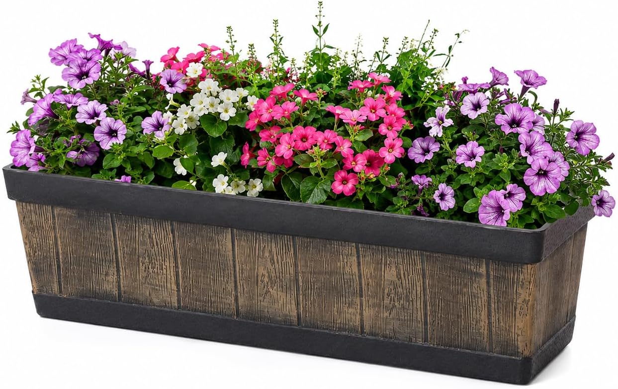 Gardenised Outdoor and Indoor Rectangle Trough Plastic Planter Box, Vegetables or Flower Planting Pot, Brown Large (QI004121.L)