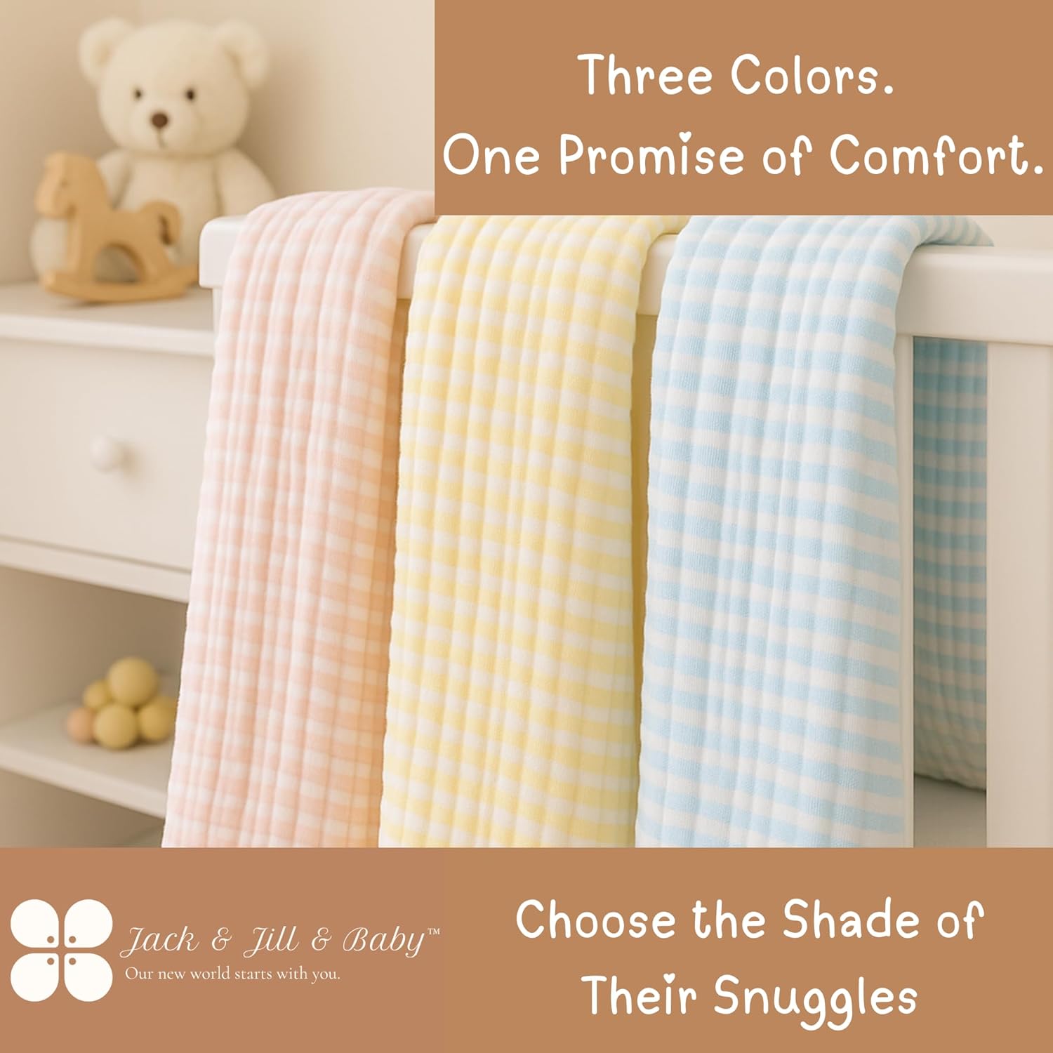 Jack & Jill & Baby Muslin Blanket – 6-Layer 100% Cotton (43" x 43") – Ultra-Soft, Breathable Baby Quilt for Newborns & Toddlers – Pink, Yellow, Blue – Swaddle, Stroller, Tummy Time (Baby Yellow)