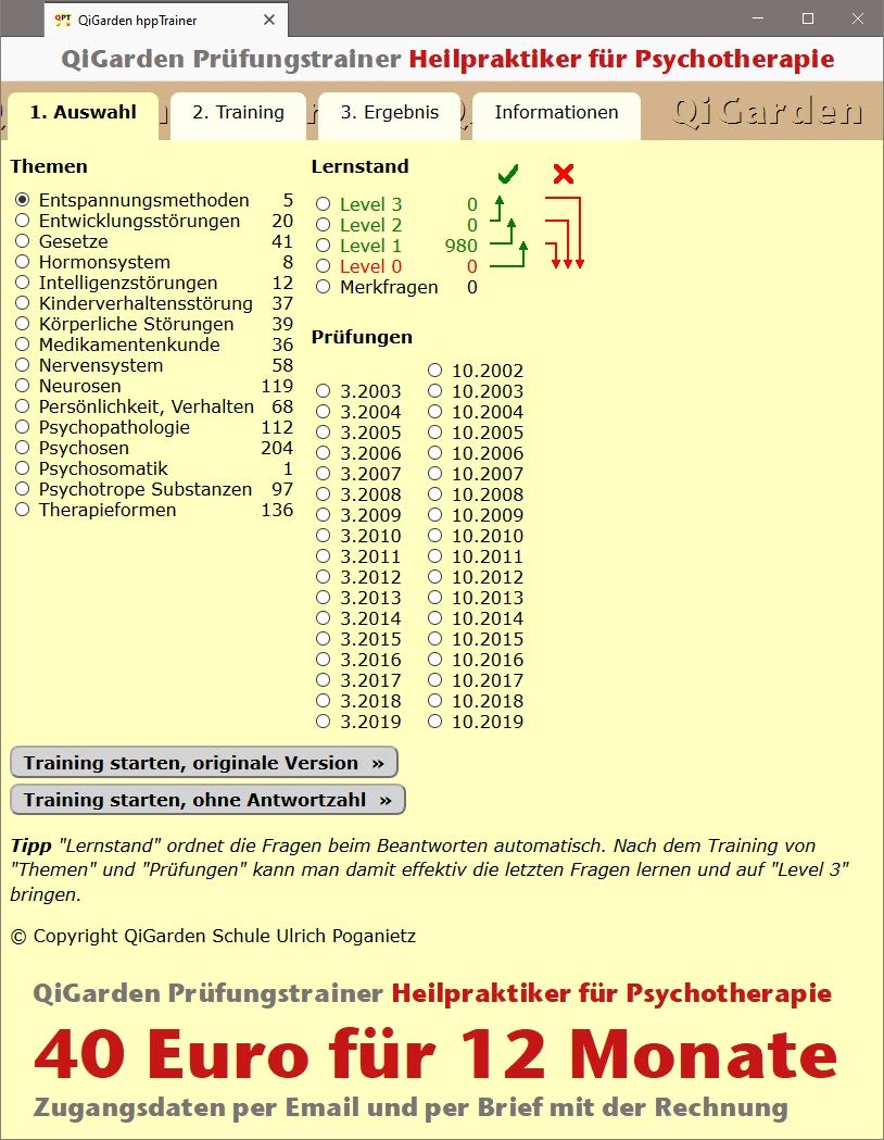 QiGarden Prüfungstrainer Heilpraktiker für Psychotherapie, für Windows, macOS, Linux, Android, iOS (Progressive Web App, Onlinezugang 12 Monate Nutzung)