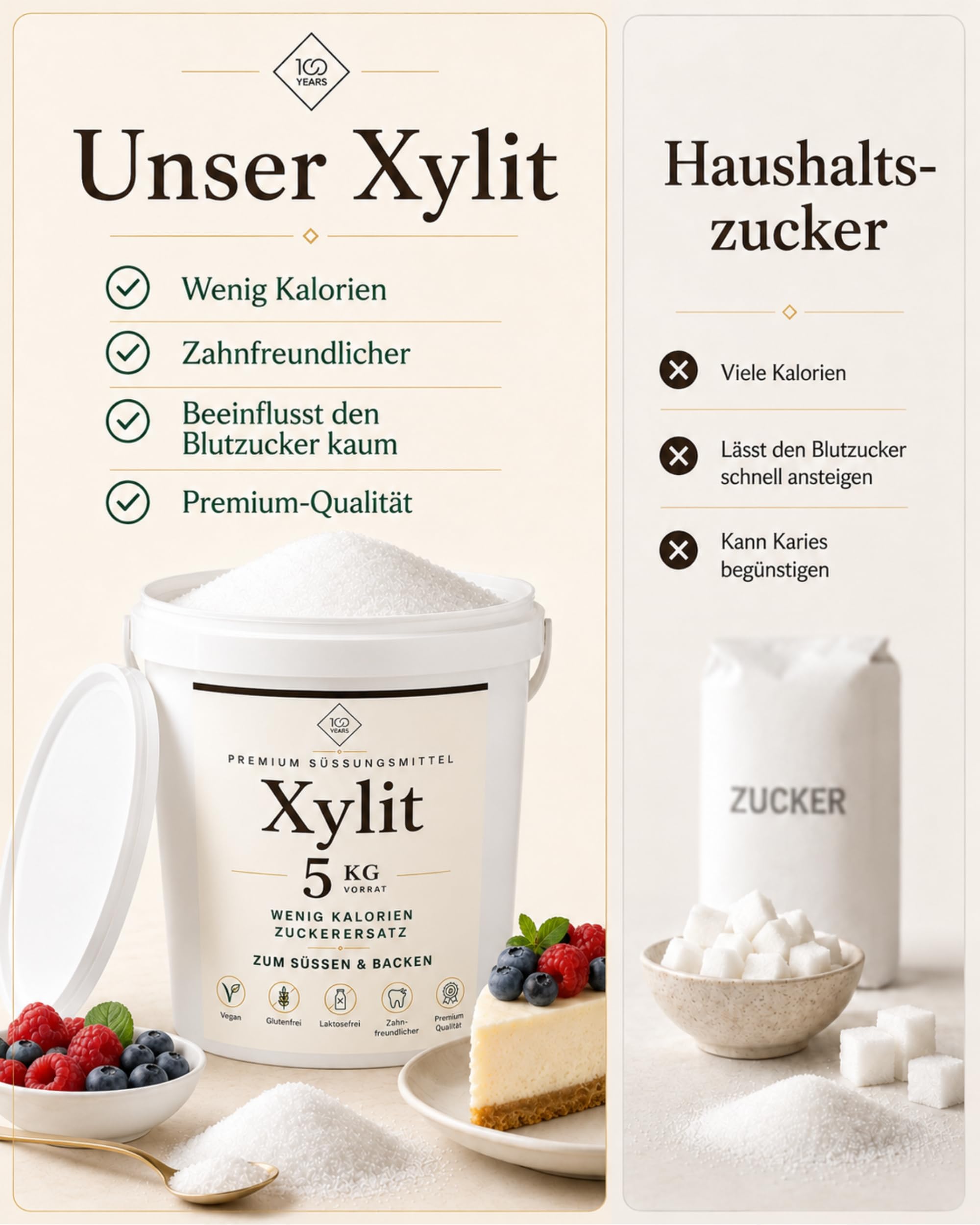 Cukier premium ksylitol 10 kg – 100% cukier brzozowy – zamiennik cukru z cukru brzozowego, alternatywa dla cukru – niskokaloryczny, łatwo rozpuszczalny – napełniony w Niemczech – 2 x 5 kg