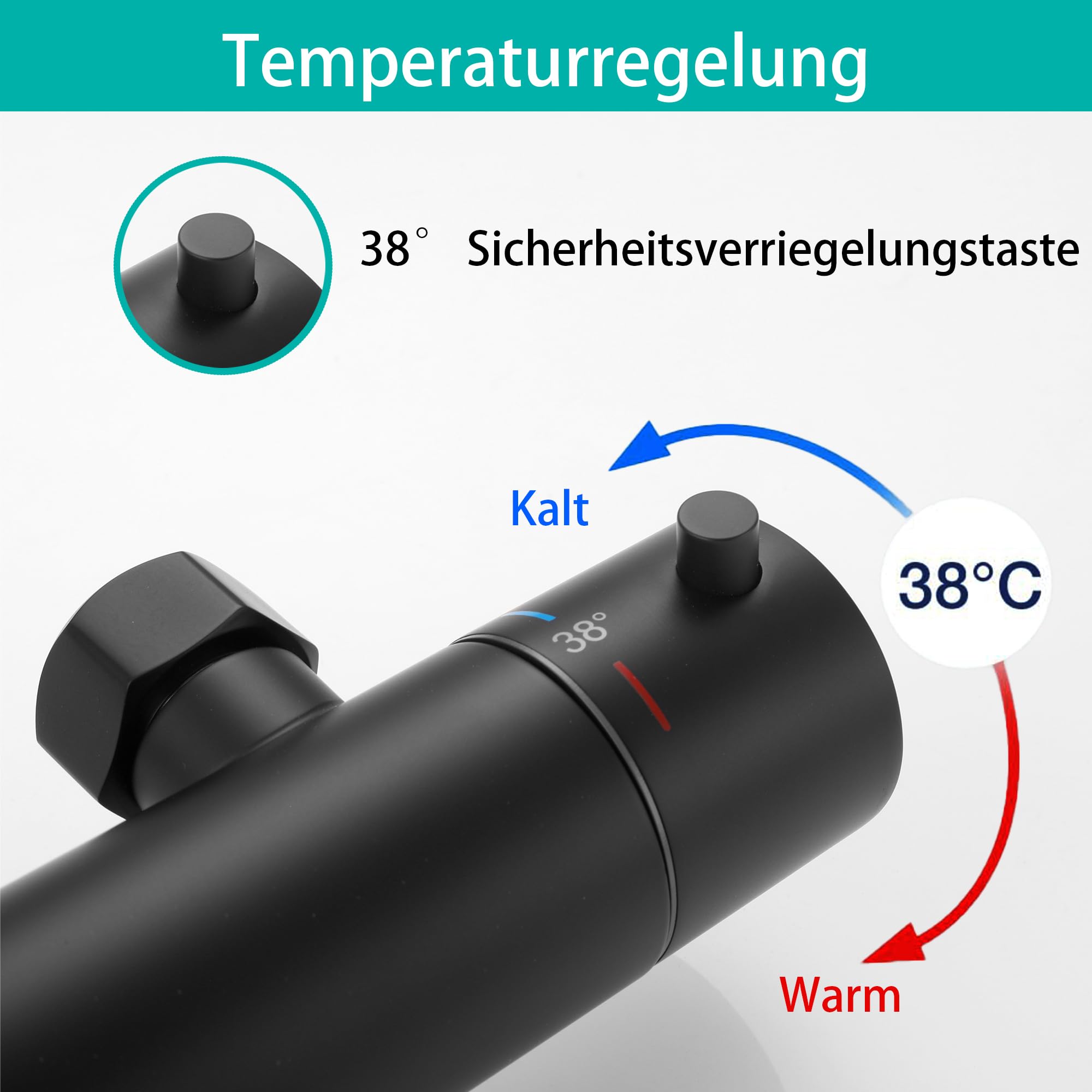 Duscharmatur mit Thermostat Schwarz Duschsystem Komplettset | Aufputz Mischbatterie Dusche Komplett 38°C Anti Verbrennung, Regendusche für Badezimmer, Badewanne & Wohnmobil
