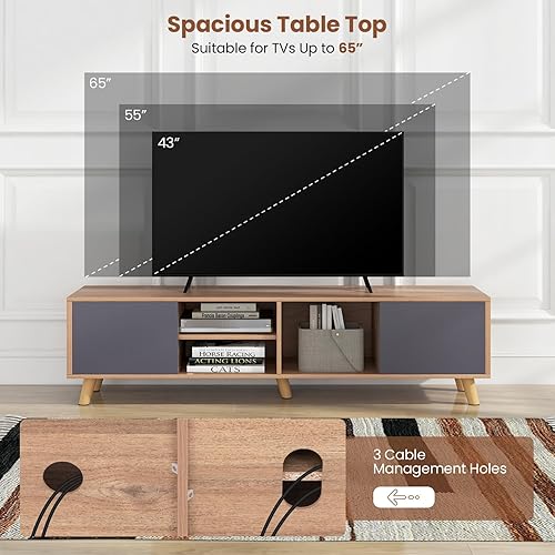 Miniatura 8 de Tangkula Soporte de TV para televisores de hasta 65 pulgadas, centro de entretenimiento multimedia con 2 puertas, estantes abiertos, mesa consola de