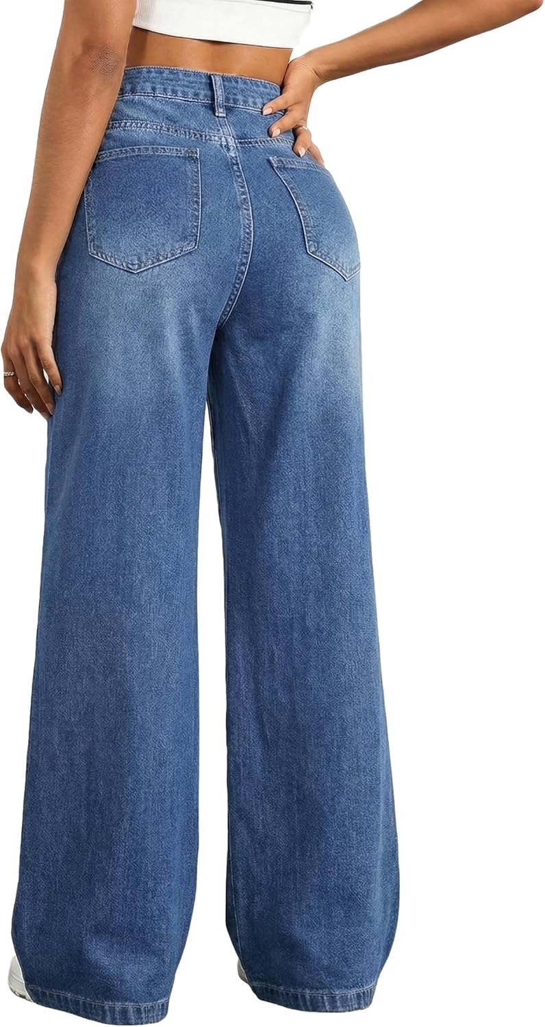 EMMIOL Women's Wide Leg Baggy Jeans Mid Rise Butt Lifting Stretchy Denim Pants 2026 BBL Boyfriend Back Patchwork Jeans