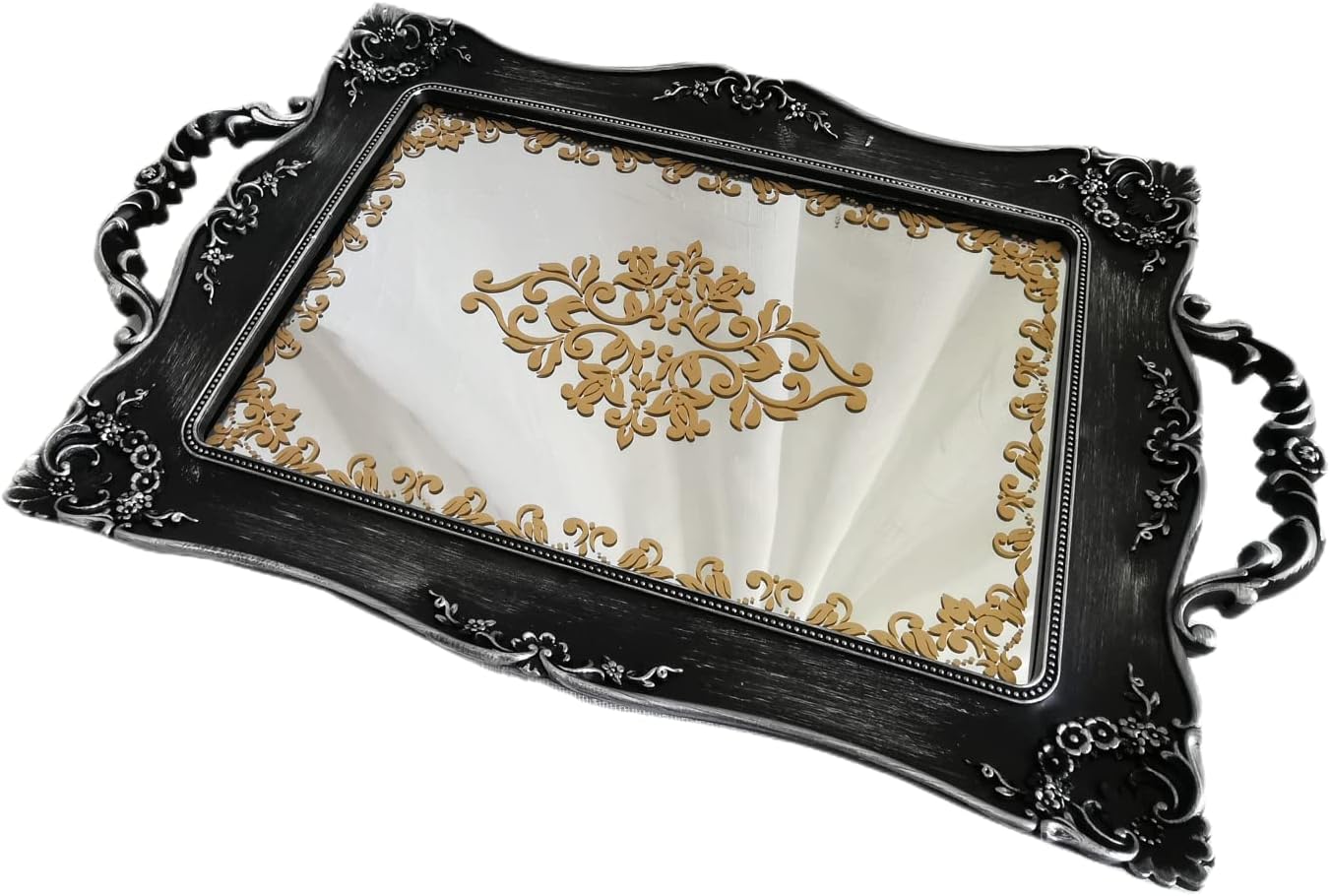 YANIZU Decorative Mirror Tray, Floral Vanity Organizer for Makeup, Jewelry, Perfume, Vintage Rectangular Display and Serving Tray for Dresser, Counter and Coffee Table, 9.5"x14.9", Silver Black - Image 5