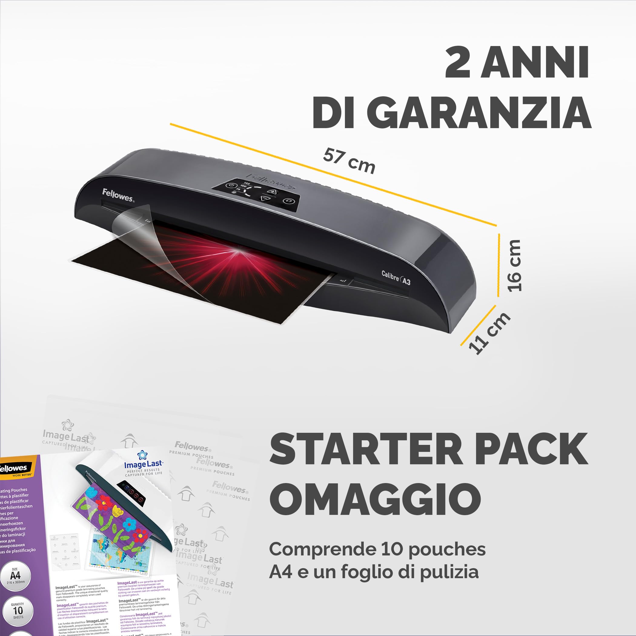 Fellowes Plastificatrice A4 Calibre per piccoli uffici, Pronta in 1 minuto con Spegnimento e modalità Riposo, 80-125 Micron, Kit con 10 fogli A4 per plastificazione incluso, Nero