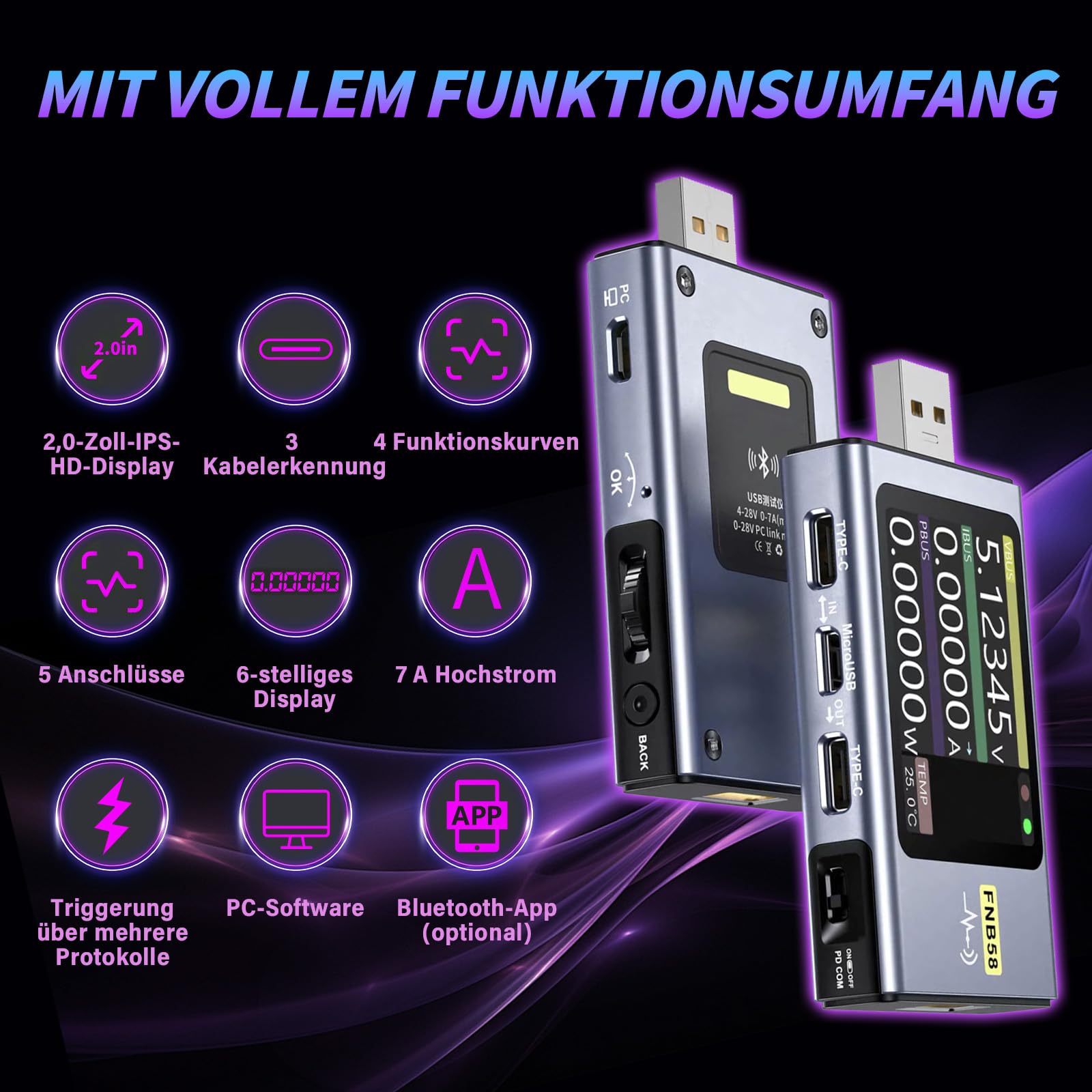 FNB58 USB Kabeltester mit 2,0 Zoll Display, 4–28V, 7A, USB-A & USB-C Multimeter mit Schnellladungserkennung, Auslöser, Kapazitätsmessung, Welligkeitsmessung, PD2.0/PD3.0, QC2.0/QC3.0 (Mit Bluetooth)