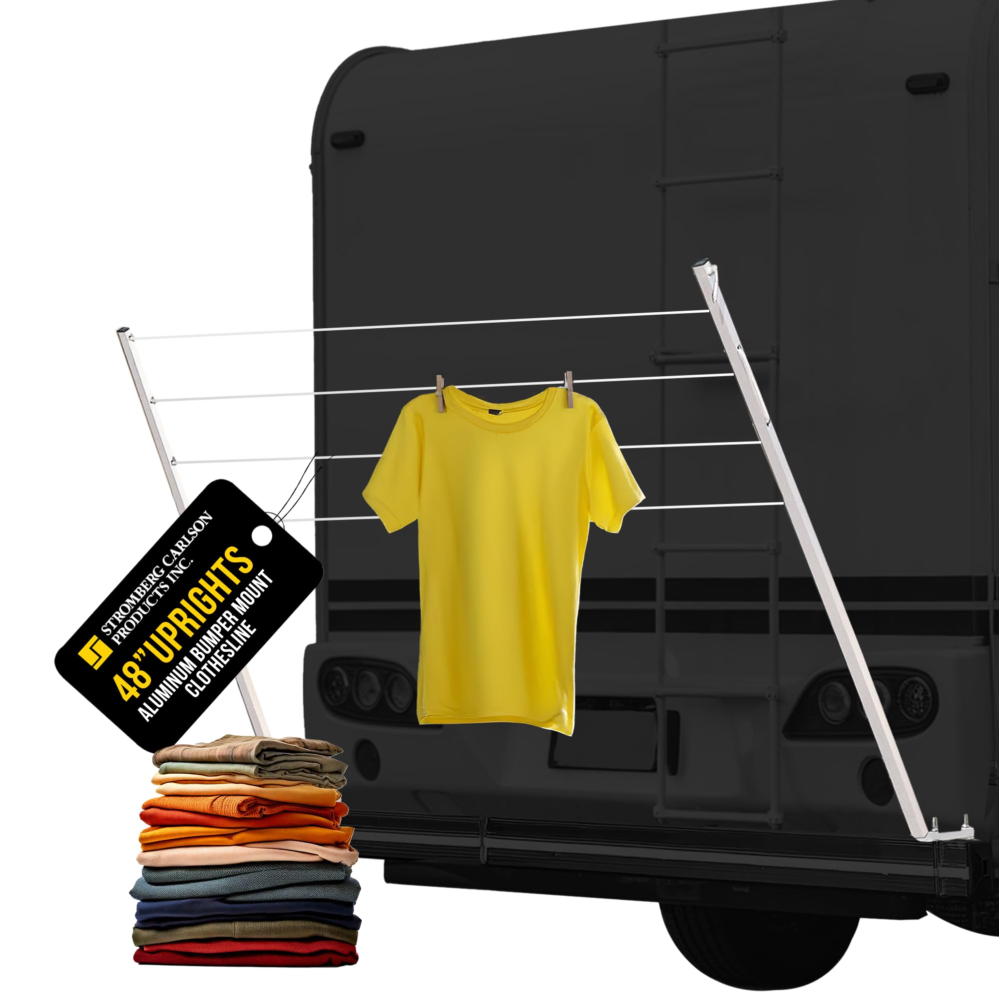CL-100 Bumper Mounted Clothesline - 48" aluminum foldable travel drying rack for RV Bumper, camper, and outdoor use; 84" hanging space, ideal RV clothesline and camping laundry rack.