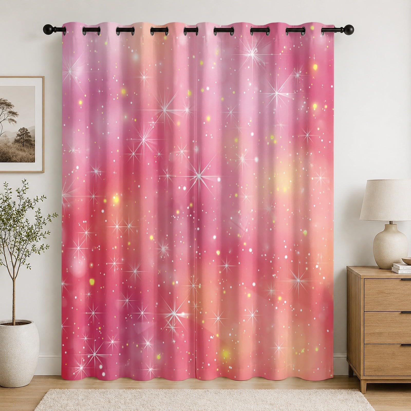 Rideaux phoniques anti-bruit ciel étoilé rose | Lot de 2 rideaux isolants thermiques à œillets