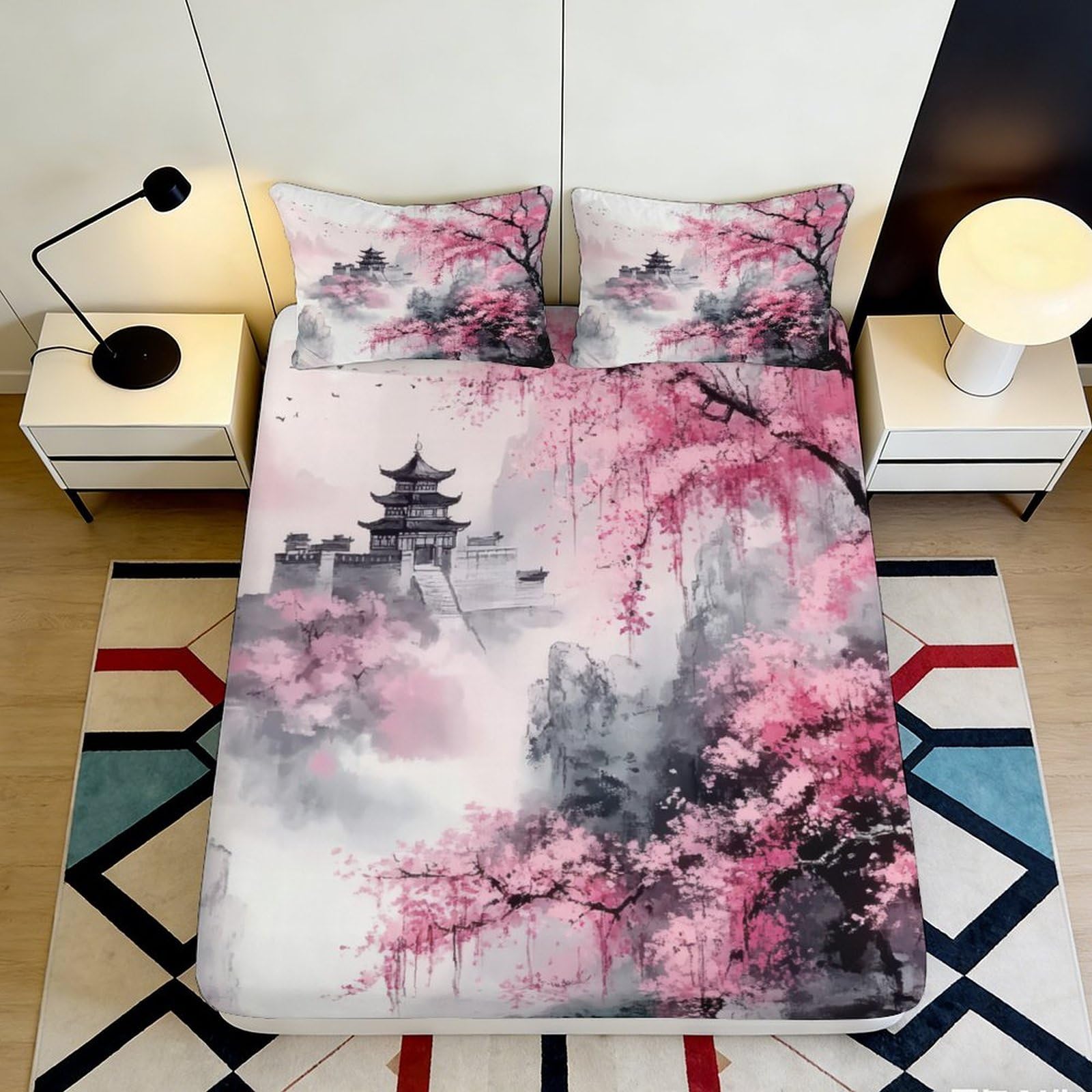 3D Printed Cherry Blossom Fitted Sheet Microfiber Soft Breathable Pagoda Bed Cover for Bedroom Dormitory Guest Room Mattress Protection Decor 160x200x25cm