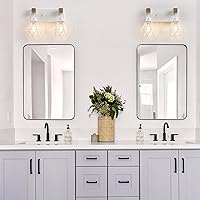 Vista 5 de Lámparas blancas para tocador de baño, luminarias de baño de madera de 2 luces sobre el espejo, apliques rústicos de pared con elegante pantalla