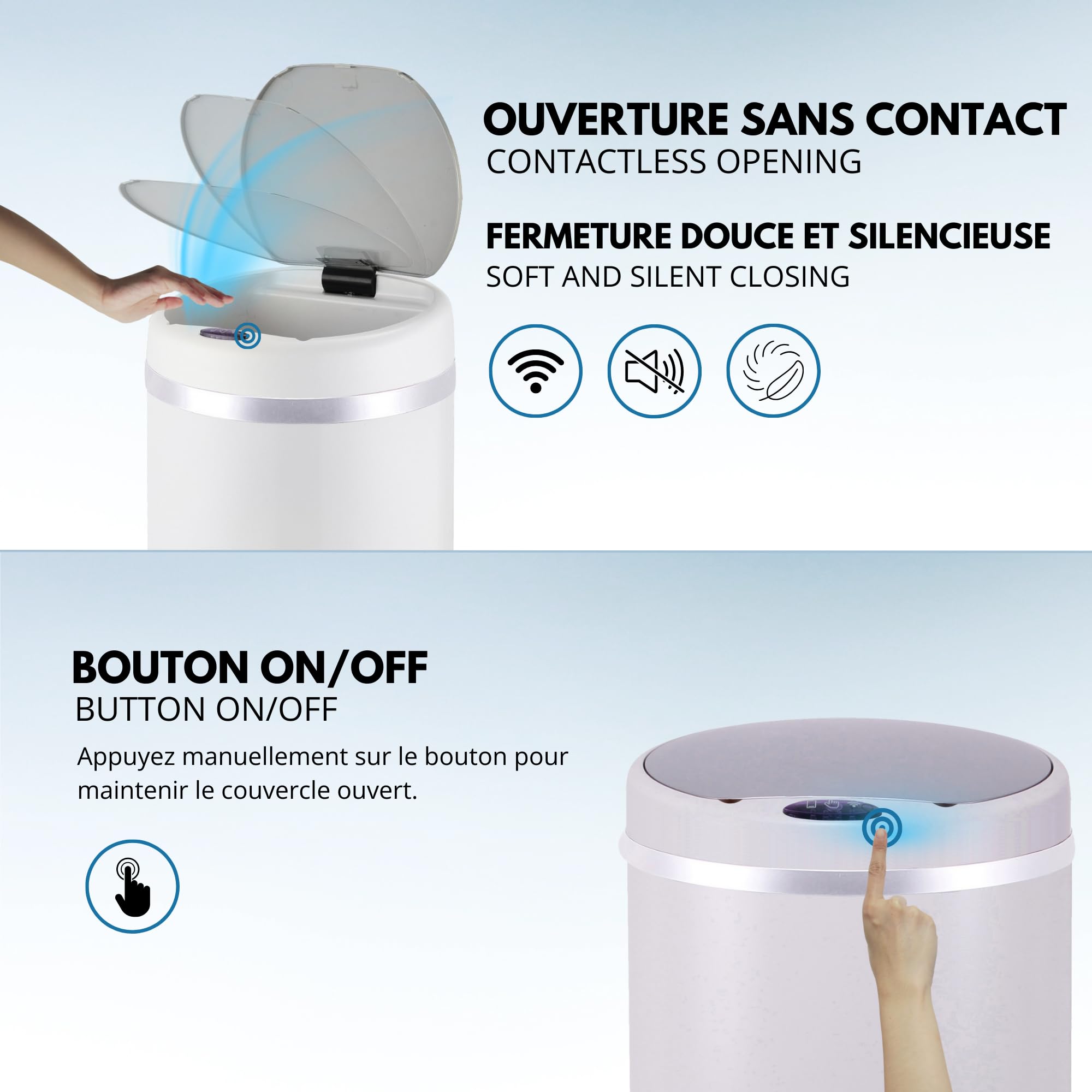 SOHO - Papelera de cocina (42 L, color blanco brillante, acero inoxidable, con flejado)