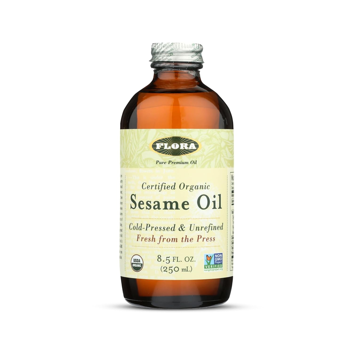 Flora - Certified Organic Sesame Oil - Cold-Pressed Cooking Oil with Essential Fatty Acids - Vegan, Kosher & Non-GMO - 8.5 fl. oz. Glass Bottle