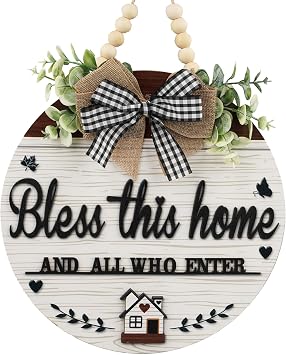 3D Bless This Home And All Who Enter Wooden front Door Signs,Door Decorations Hanging,Christian Jesus Home Porch Wall Decor,Spring Wreaths,Door Wreaths for Front Door Outside All Season