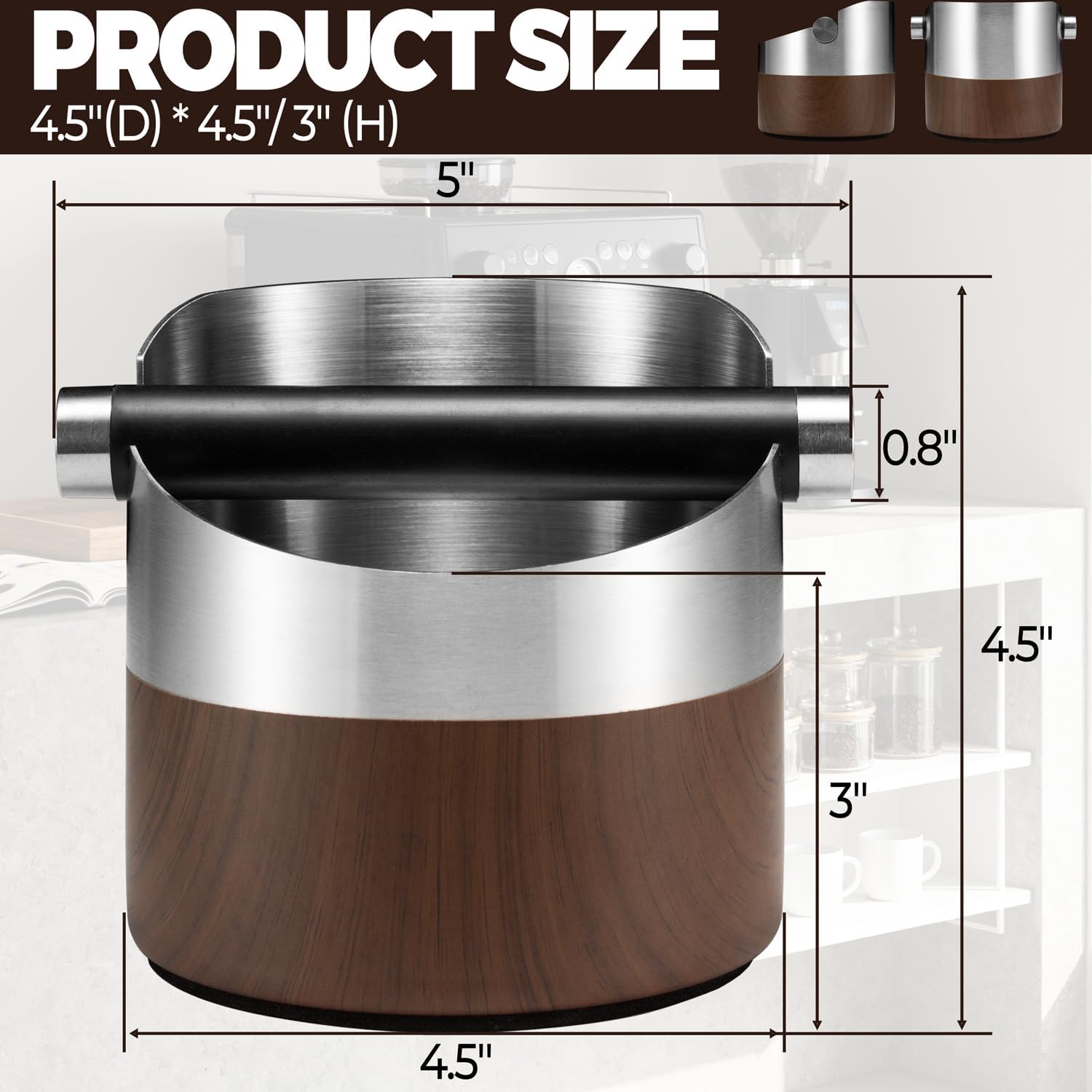MUTEX Espresso Knock Box, Stainless Steel Coffee Grounds Knock Box with Removable Knock Bar, Non-Slip Rubber Base & Wood Bin - Dishwasher Safe Espresso Machine Accessory (2026 Version)
