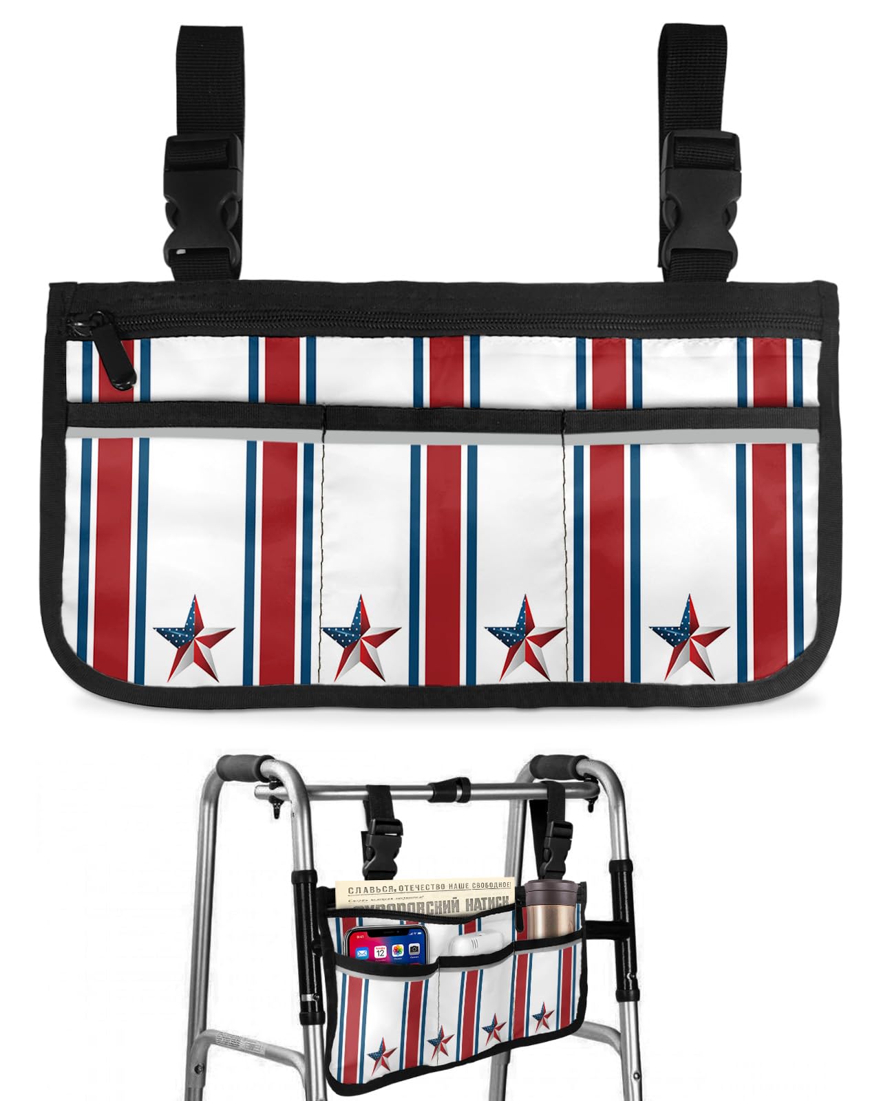 4th of July Wheelchair Side Bag Walker Bag, Independence Day Stripes Star Patriotic Wheelchair Accessories Armrest Pouch, Organizer Storage Bag for Walkers, Rollators, Scooters, 7.3''x13''