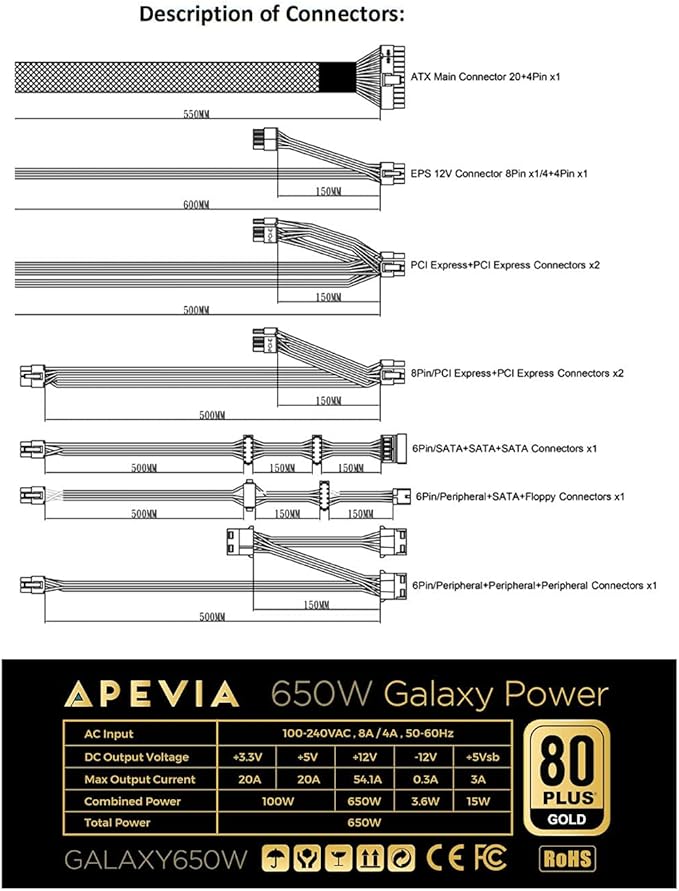 Apevia Galaxy 650W Fuente ATX Semi-Modular 80+ Gold miniatura 3