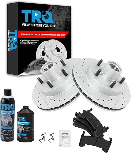 TRQ Kit de pastillas de freno delanteras y rotores semimetálicos de alto rendimiento con revestimiento en G ranurado X perforado compatible con