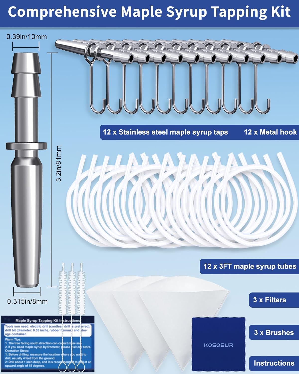 42Pcs Maple Syrup Tapping Kit, Maple Tree Tapping Kit with 12 Metal Maple Syrup Spiles, 12 Maple Syrup Tubes, 12 Hooks, 3 Maple Sap Filters, Tree Tapping Kit for Maple Syrup Making Equipment